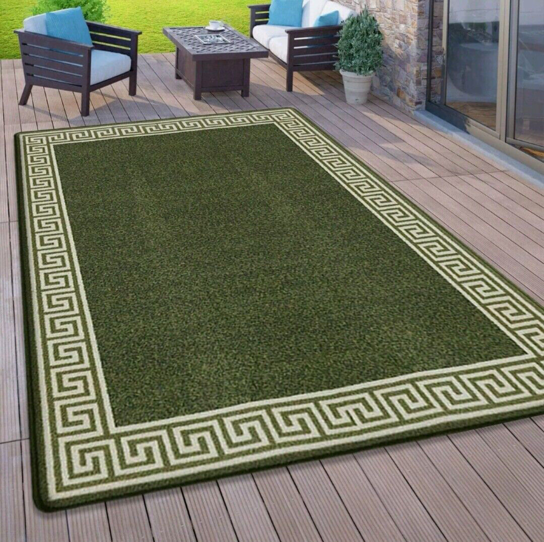 Canora Grey Plain Rug with Greek key Bordered Gel backed Rug Amyiah Green/Cream Rug Green Rectangle 120 x 170cm