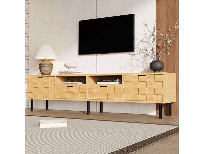 Meuble TV bois naturel avec portes décoratives 3D 2 tiroirs et 2 portes meuble télé design pour salon