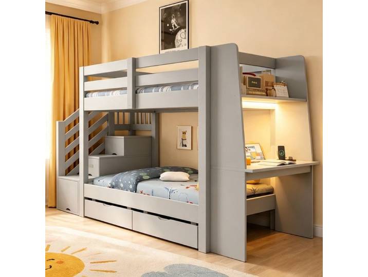 Lit superposé 90x200 en bois - Lit enfant garçon avec bureau - LED et 2 tiroirs - lit superposé avec rangement - gris