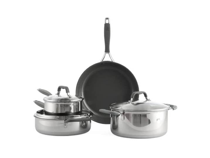 BK Control Edelstahl Keramik Antihaft 7-Teiliges Kochgeschirr Set mit Deckeln,Enthält Kochtopf,Bratpfanne,Schmorpfanne,PFAS Frei,Induktion,Backofenfest bis 180˚C,Spülmaschinenfest,Silikongriff,Silber