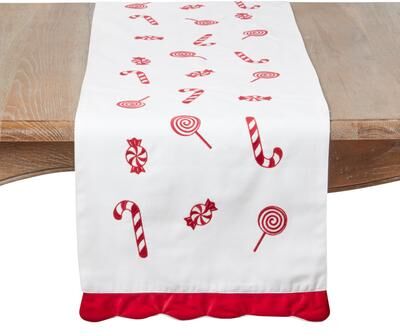 Saro Lifestyle "Candy Cane & Sweet Treats Table Runner - Embroidered Candy Motifs for Christmas Dining & Winter Entertaining - 16""x72"""