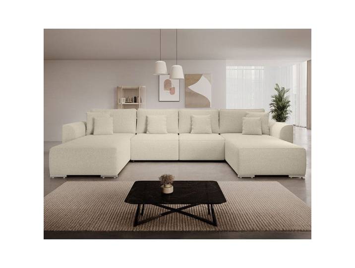 Gabriel - Canapé panoramique en U 7 places convertible avec coffre en tissu texturé - Beige