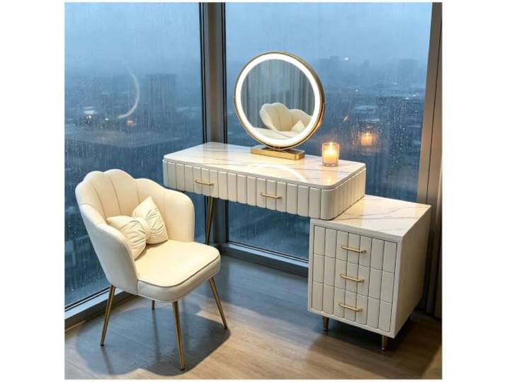 Preferspace LED-Schminktisch mit drehbarem Spiegel 3 dimmbare Modi, kühl/natürlich/warm, 5 Schubladen, abnehmbarer Seitenschrank, goldener Sockel(White,100cm/39.4in)