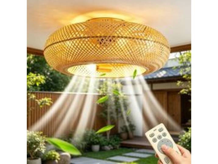 Ventilateur plafond avec Lumiere - 50 cm - 6 vitesses minuterie 1h/2h/4h télécommande - Rotin Naturel - pour chambre salon cuisine