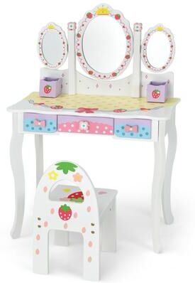 Costway Kids Vanity Princess Makeup Dressing Table Chair Set with Tri-fold Mirror-White
