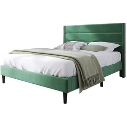 Polsterbett 140x200 mit Lattenrost, gepolstertem Kopfteil, stabiles Holzgestell, komfortables Einzel- oder Doppelbett, modernes Samt-Design Dunkelgrün