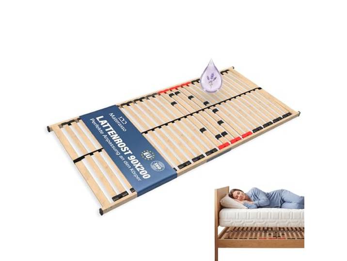 MATERASSO Lattenrost 90x200 cm 28 Federholzleisten Birkenholz 3 Liegezonen Buchenholzrahmen Lavendelimprägnierung & Bettwanzen-Schutz Lattenrahmen 90x200 cm Bettrost Schaummatratzen