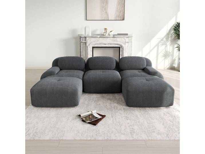 Canapé d'angle modulaire en velours côtelé gris sans montage
