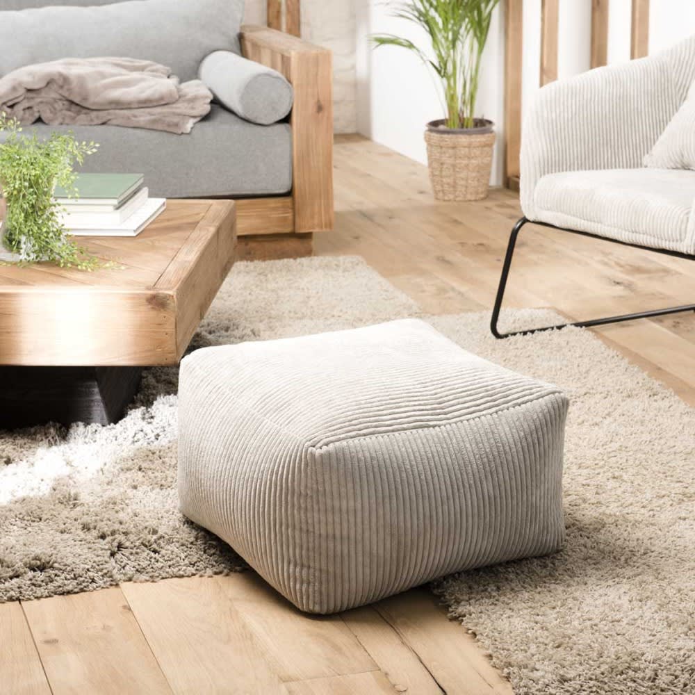 MACABANE Pouf carré en tissu velours cotelé gris perle Gris 57x34x57cm