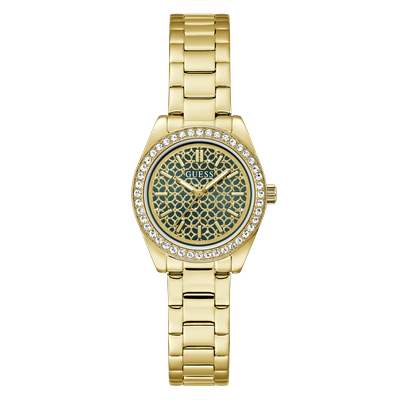 Quarzuhr GUESS "MINI LUNA", gold (goldfarben, grün), Armbanduhren, Damen, Quarzuhr, Armbanduhr, Damenuhr, Edelstahlarmband, analog