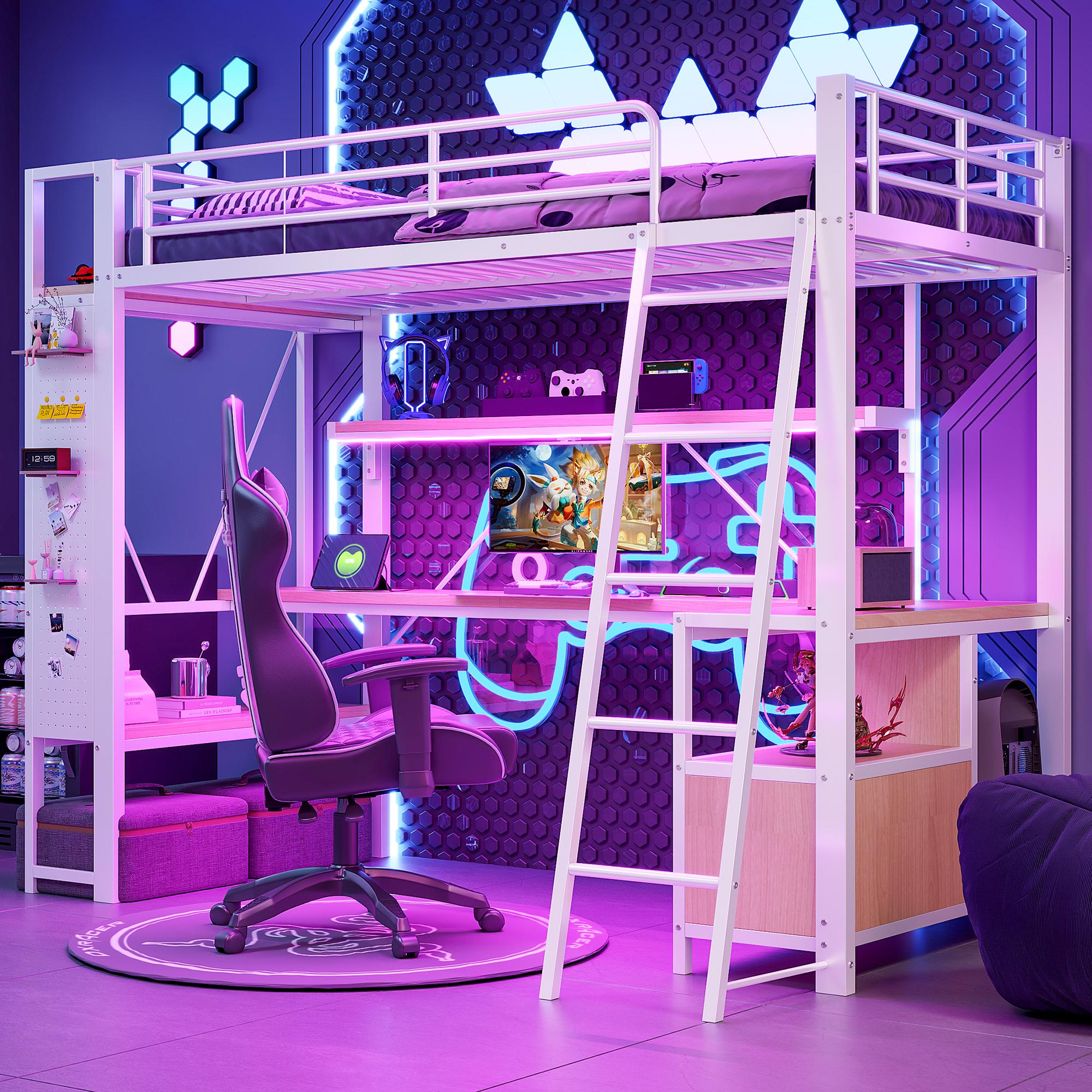 Merax Etagenbett Hochbett 90x200cm, mit LED-Lichtleiste, Metallplatte, Schreibtisch, mehreren Regalen, USB-Anschluss, Kinderbett, Stockbett, Weiß