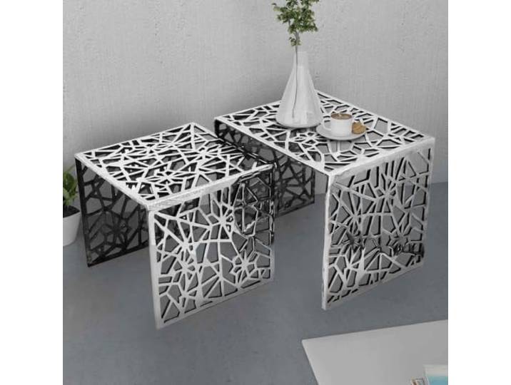 MNCVXAXG Set mit 2 quadratischen Beistelltischen Aluminium Silber Ineinandergreifende Beistelltische aus leichtem Aluminium, silberfarben, Verwendung von Kaffeebraun, Halterung für