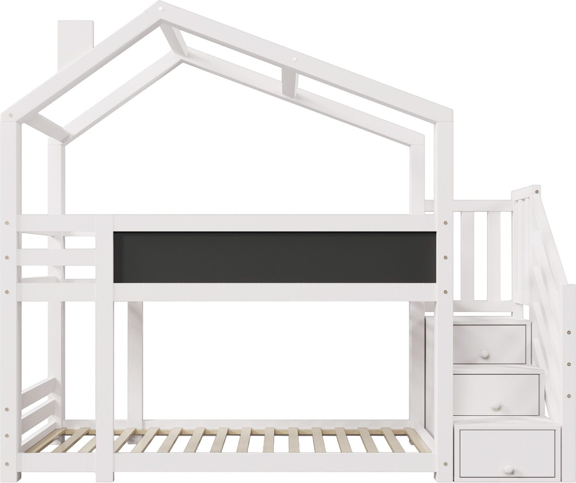 Etagenbett 90x200cm Kinderbett (Ohne Matratze) Holzbett Baumhaus mit Schornstein und Speicherung und Rausfallschutz Weiss Mit 2x Lattenrost