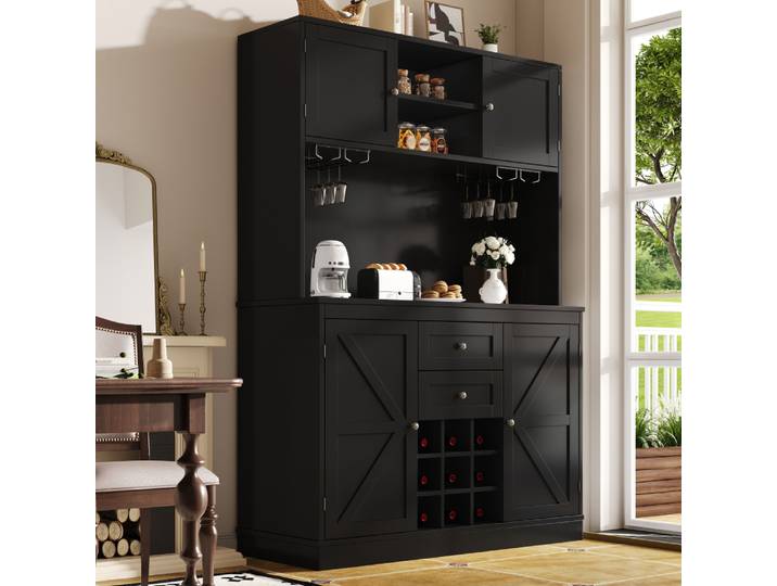 Meuble de cuisine PINGGO avec étagères réglables et casier à vin, buffet de cuisine haut, meuble de rangement pour cuisine et salon
