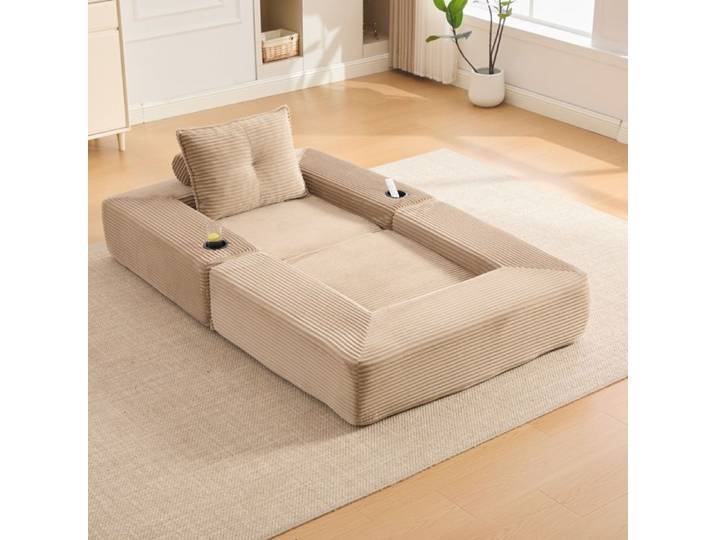 MEUVYX Canapé Convertible 1 Place Modulable avec Poches Latérales et Porte-Gobelets Velours Côtelé Kaki