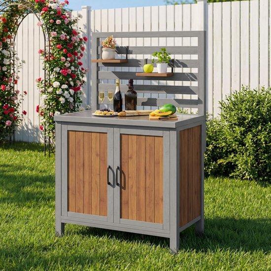 Gartenschrank aus Holz mit Edelstahl-Arbeitsplatte - 80x54x148,5 cm, natur