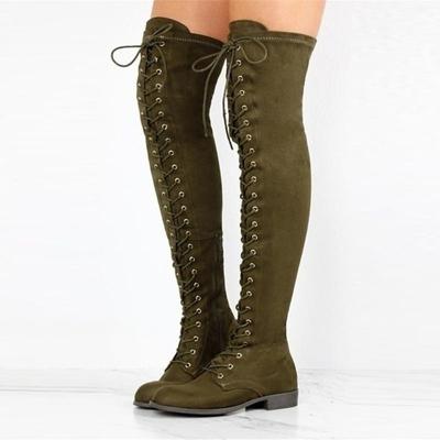 LightInthebox Women's Black Knee High Boots, Faux Suede Lace Up Boots with Round Toe and Low Block Heel, Gothic Combat Boots for Punk Streetwear, Festivals, Cosplay Alternative Fashion