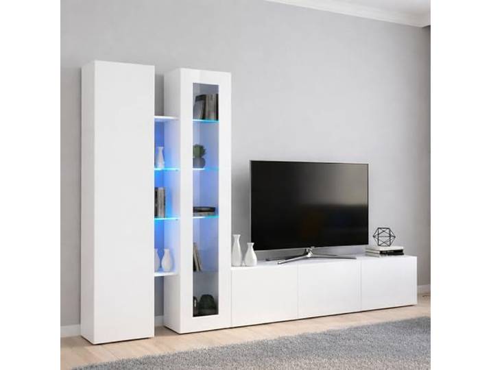 Dmora - Ausgestattete Wand Dimitri, 3-türiges TV-Ständer-Wohnzimmerset, Mehrzweck-Wohnzimmermöbel mit Vitrine und LED-Licht, 100% Made in Italy, 280 x 30 x 180 cm, glänzendes Weiß,