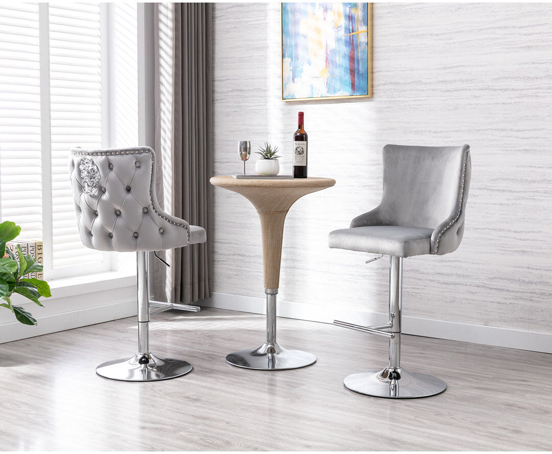 Mercer41 Glazer Swivel Upholstered Adjustable Height Bar Stool in Grey 50cm W X 62cm D