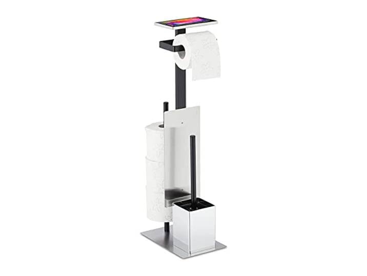 Relaxdays Serviteur WC\, Porte-Papier\, Balai Toilette et Porte-Brosse\, Rangement\, HLP : 69 x 26 x 18 cm\, argenté/Noir