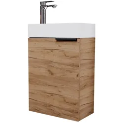 Planetmöbel Waschtisch mit Keramikwaschbecken 40 cm - Gold Eiche - Mit Armatur Chrom - Soft-Close