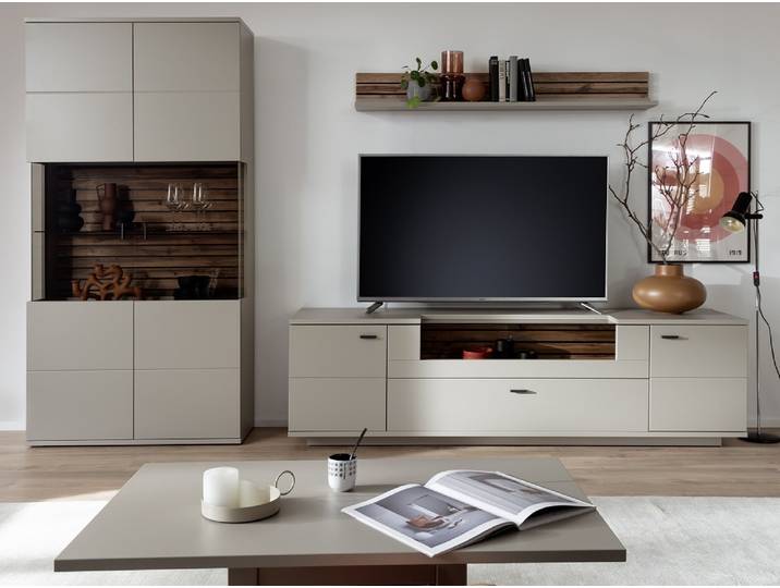 Wohnkombination Lüttich 3 , Basalt / Wotan Eiche , 3-teilig , Kombi-Vitrine & TV-Board mit Bandbeleuchtung