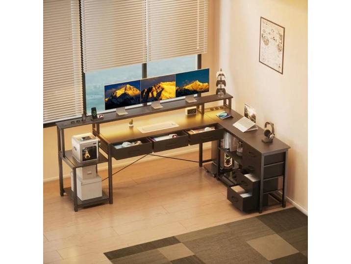 Bureau informatique en L noir avec 7 tiroirs support écran prises USB étagères pour chambre bureau