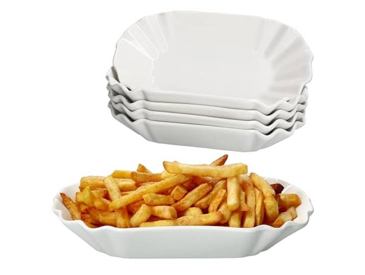MamboCat Frietjes Frietjes, frietkommen, wit, herbruikbare XL-kerryworstschaaltjes van porselein, snackborden met reliëf voor worstjes, friet en dergelijke