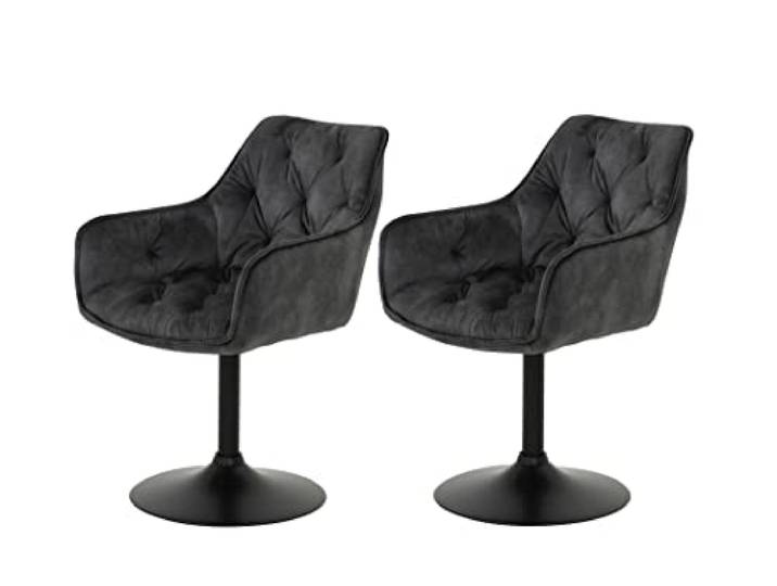 Hela Tische, 2er Set Sessel, Küchenstuhl, Drehstuhl Birte, Sitzschale Microfaser Samtvelour Anthrazit, Armlehne, Metallfuß 360° drehbar