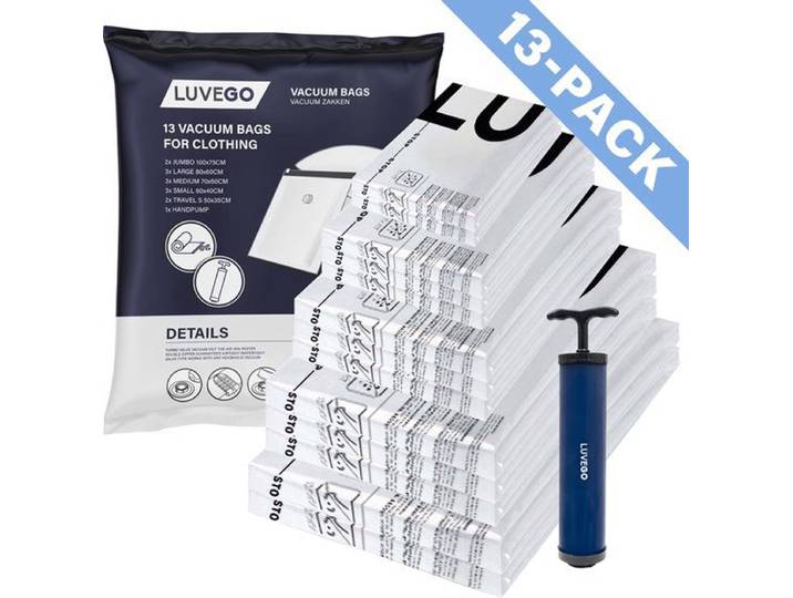 Luvego Vacuumzakken Kleding & Dekbedden - 13 Stuks / 5 Maten - Reiszakken Vacuum Opbergzakken Incl. Handpomp
