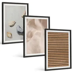 BILDER SET 3er Set - 40x60 cm Schwarzer Rahmen - Steine, Holz, Stofftexturen