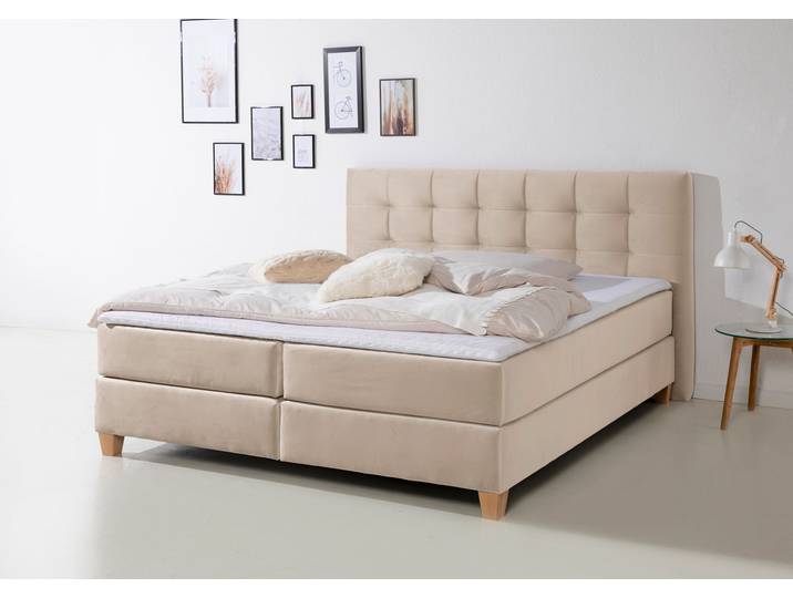 Boxspringbett, 214x211 cm, Samtstoff, Beige, Inkl. Topper & 3 Härtegrade, Klassisch, Home-affaire