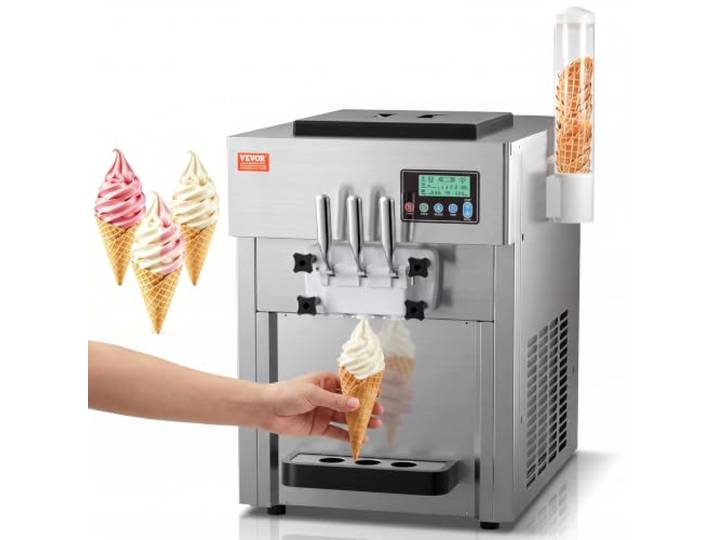 VEVOR Kommerzielle Eismaschine, 1800 W, 3-Geschmacksrichtungen, Softeismaschine Arbeitsplatte, 2 x 4 L Trichter, 2 x 1,8 L Zylinder, LCD-Bildschirm, Automatische Reinigung, Vorkühlung