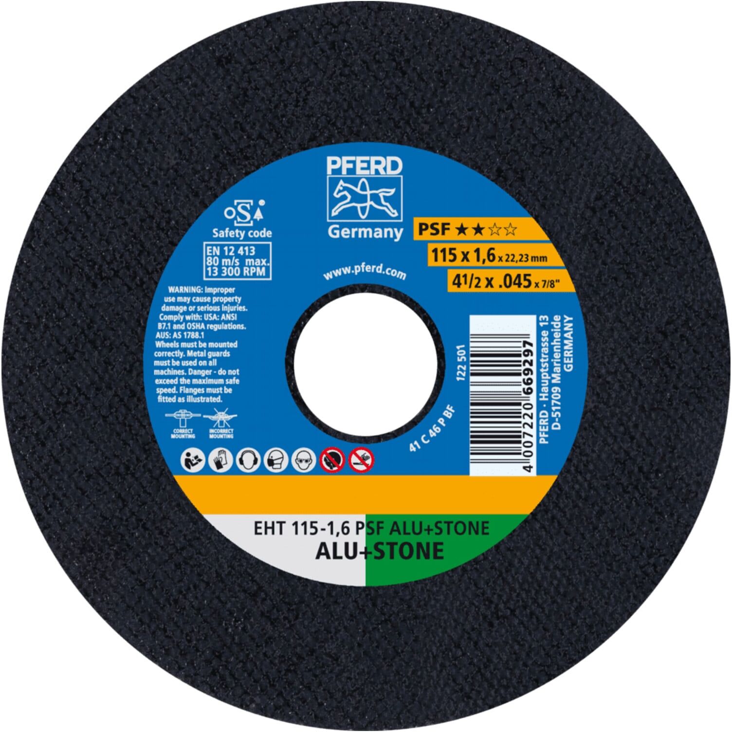 PFERD TOOLS Trennscheibe EHT 115x1,6x22,23 mm gerade Uni.-Linie PSF ALU+STONE für Alu/NE-Met./Stein/PVC (61818021)