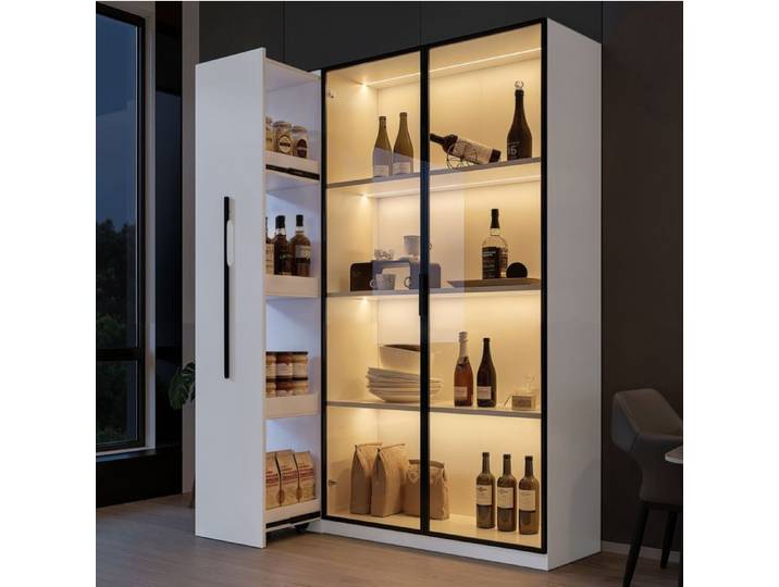 Vitrine LED Blanche En MDF Buffet Haut Design FloraGrace Pour Salon Rangement Lateral 110 5x35x160cm