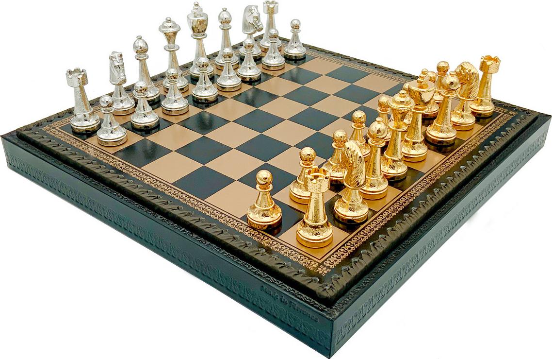 Italienische Schachfiguren Staunton Gold/Silber + Schachbrett Gold/Schwarz 35