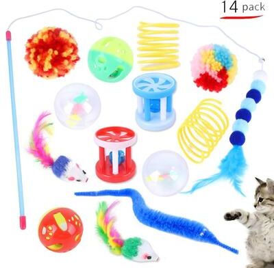 Inspired Finds Interactive Cat Toy Variety Set With Sisal Mouse, Bell Balls & Teaser Wand Collection 14pack