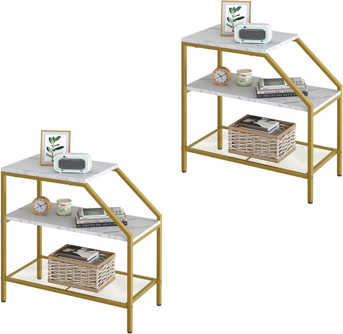 Set van 2 bijzettafels met trapezium ontwerp en wit marmeren blad