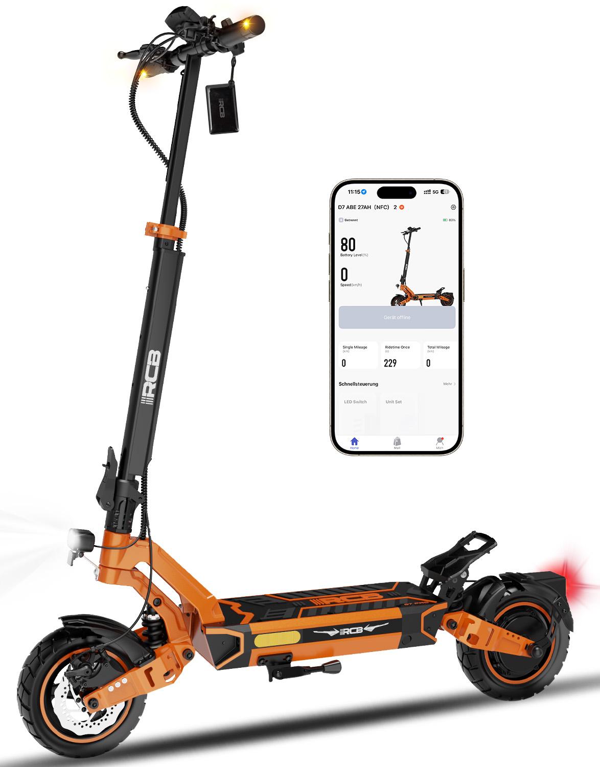 RCB D7PRO-NFC Elektroroller - 1600W Peak Power E-Scooter mit Straßenzulassung (ABE), 110-130 km Reichweite,10" Selbstheilreifen,Blinker