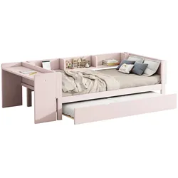 OKWISH Flachbett 90x200 mit ausziehbarem Bett und Schreibtisch, Einzelbett aus Kiefernholz und MDF, Rollbettfunktion, platzsparendes Design Rosa
