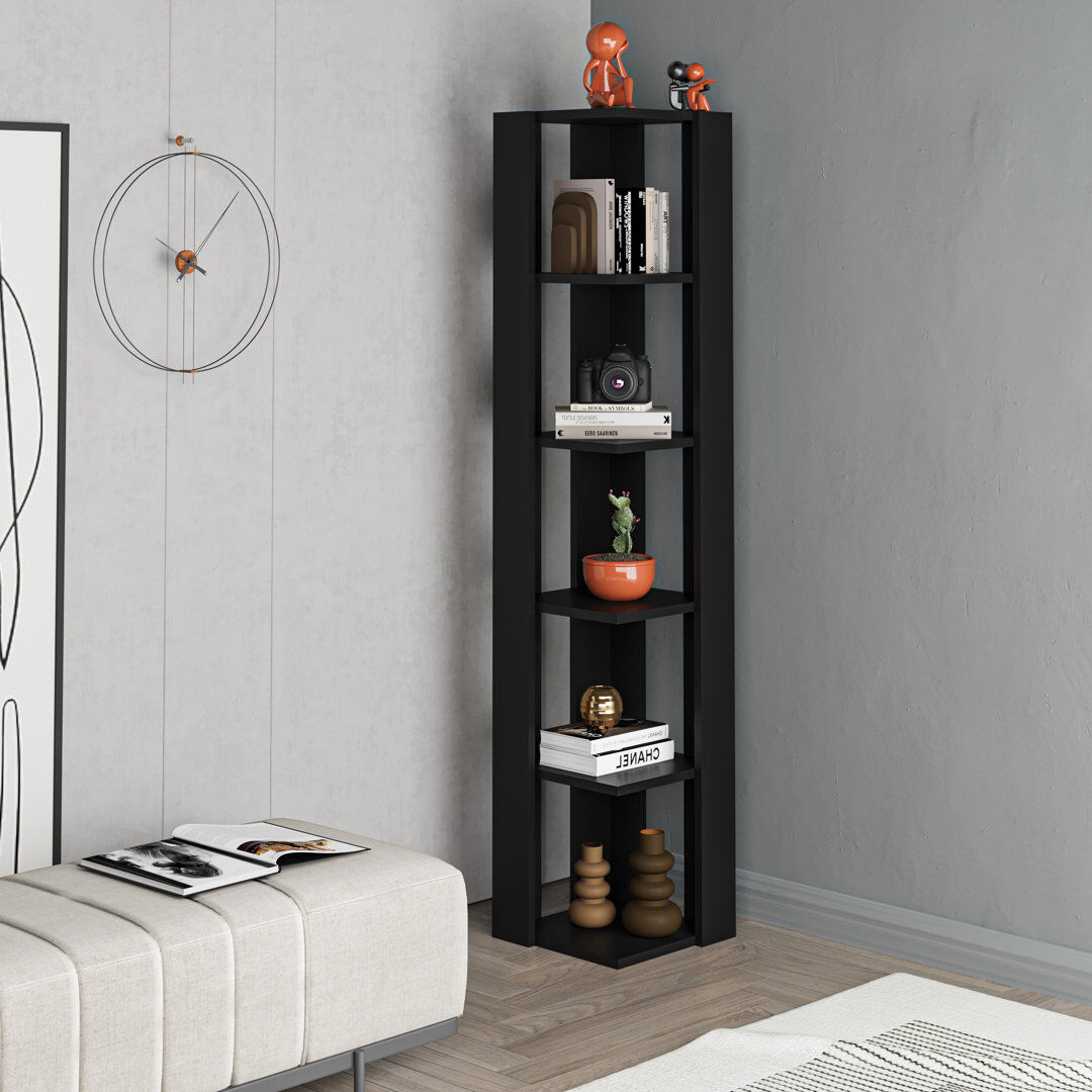 Zipcode Design Nati Modern Corner Bookcase 5 Tiers   34 x 34 x 161 cm   Space-Saving Design Black 408.94cm H X 86.36cm W X 34cm D