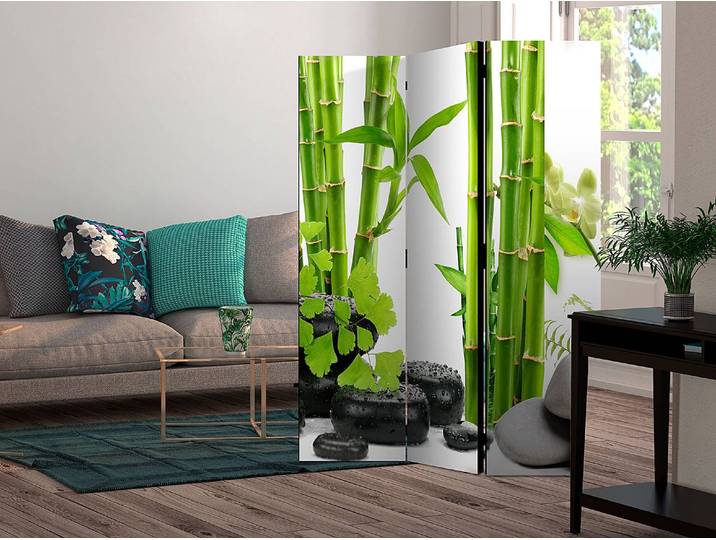 Paravent Bamboos & Stones Akustik Vlies auf Kiefer Massiv Weiß 135 x 172cm