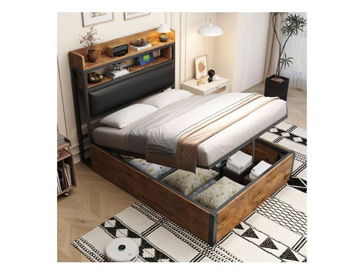 REDOM Polsterbett Hydraulikbett mit USB & Stauraum, Polsterbett Metall-Holz (Stauraumbett für Paare, Apartments & moderne Schlafzimmer, 90x200 cm), ohne Matratze