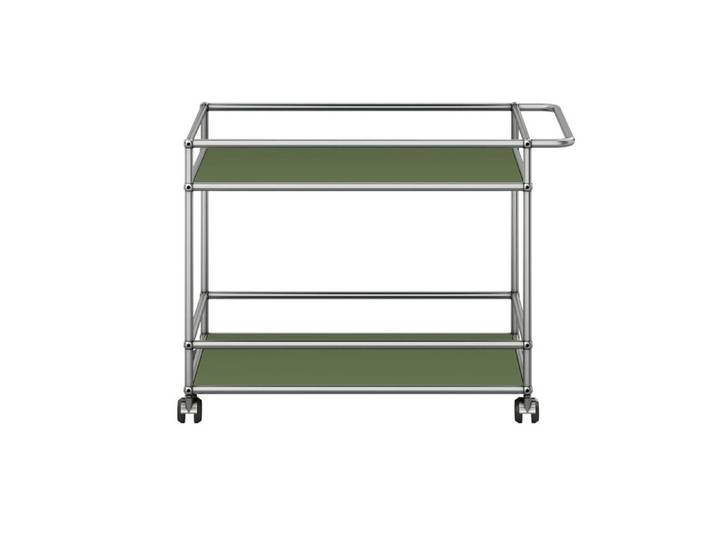 USM Haller Küchenwagen silber 2 Metalltablare Gestell verchromt olivgrün 75x67.5x50 cm