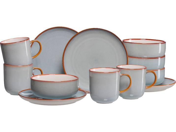 Frühstücks-Geschirrset RITZENHOFF & BREKER Portofino (Teller, Schale, Kaffeebecher) , grau, 12 Stk., Steinzeug, Geschirr-Sets, Frühstücks-Geschirrset, Reativglasur, jedes Teil ein Unikat, 12 Teile, für 4 Personen
