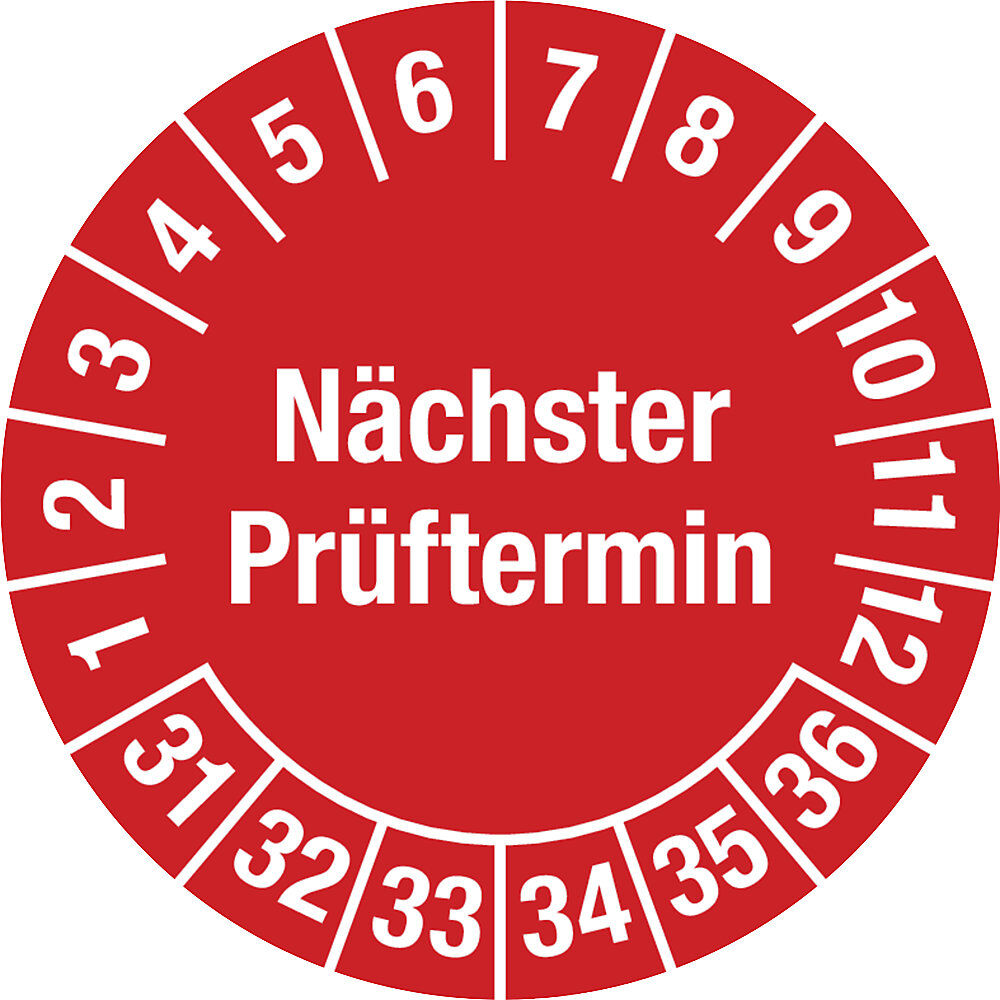 kaiserkraft Nächster Prüftermin, Mehrjahreszahlen, Dokumentenfolie, Ø 20 mm, 31 - 36, rot
