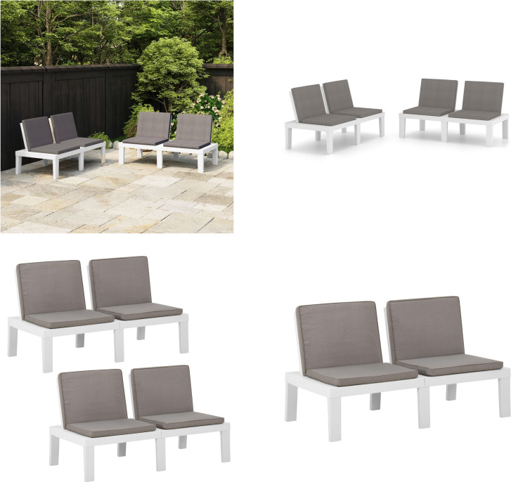 vidaXL Gartenbänke mit Kissen 2 Stk. Kunststoff Weiß - Gartenbank - Gartenbänke - Terrassenbank - Terrassenbänke
