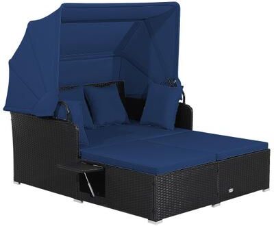 Costway Patio Rattan Daybed with Retractable Canopy and Side Tables-Navy