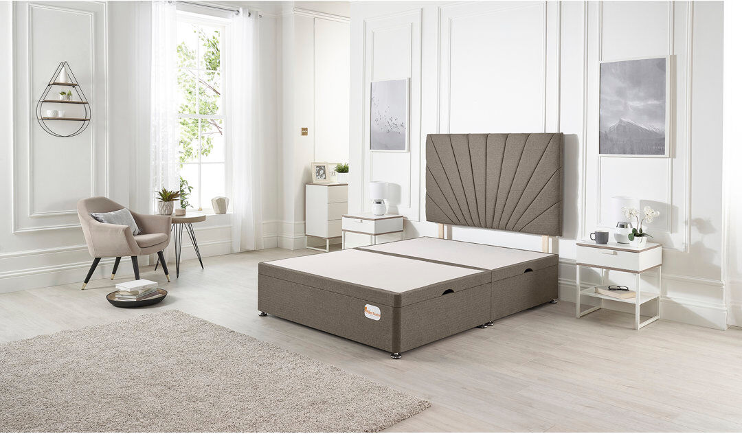 Marlow Home Co. Etheral Side Opening Ottoman Storage Bed with Upholstered Headboard Tweed Fabric Coffee Kingsize (5')
