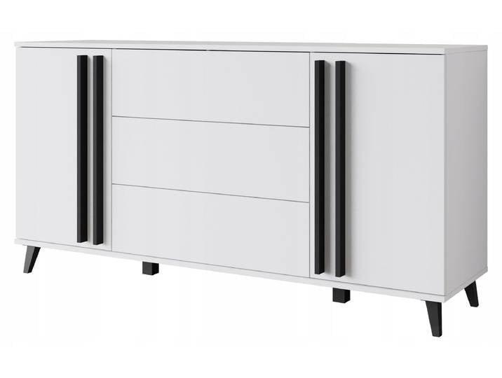 Commode de 150 cm sur pieds\, idéale pour un salon\, avec tiroirs et placards\, finition blanche mate